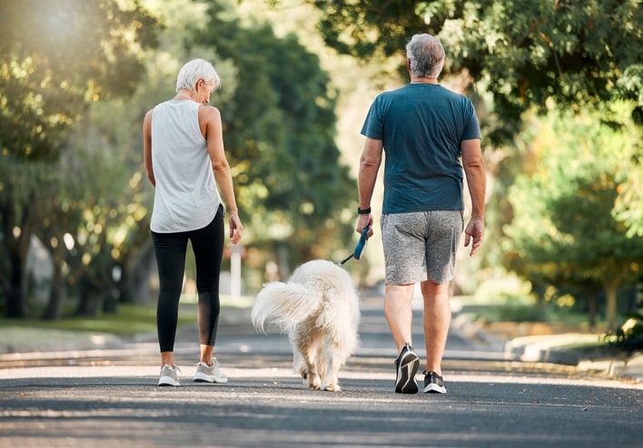 Older couple walking their dog