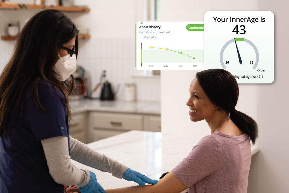 Woman getting her blood drawn at home with an image of her InsideTracker InnerAge